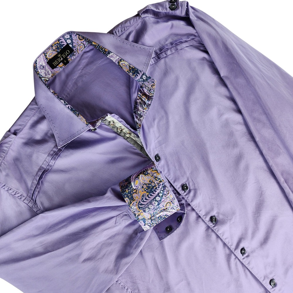 Bertigo Button Down Shirt‎ Mens Size 6 Purple Slim Fit Cotton Paisley Trim